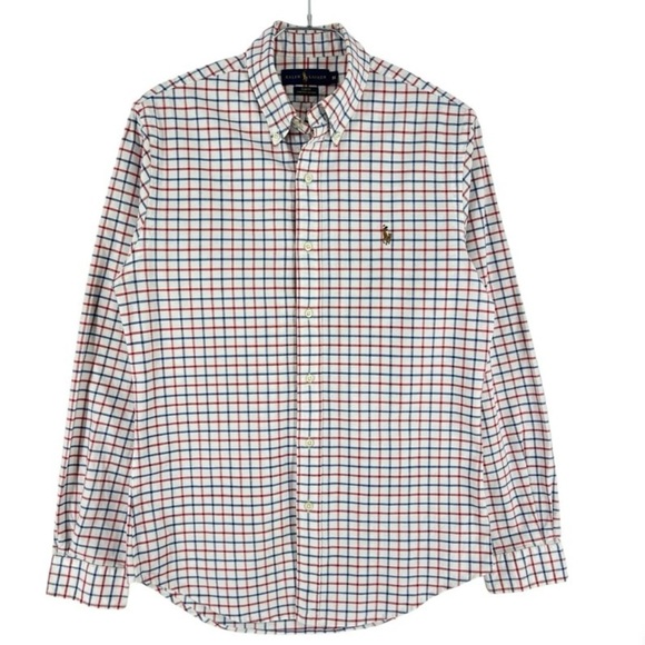 RALPH LAUREN Size M Oxford Shirt Red White and Blue Casual Button Down - Picture 1 of 5